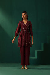 Truebrowns Wine Diamond Viscose Silk Waist Gathered Co-Ord Set